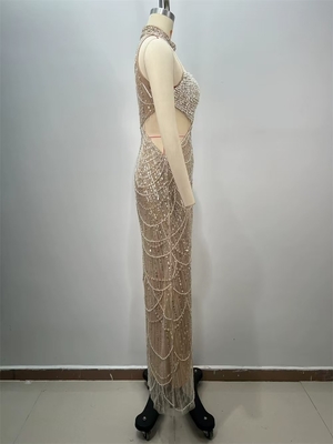 ED2738 Luxury Pearl Chain Water Diamond Long Dress Women's Sexy Mesh Sequin Dress Hollow Sexy Dance Party Dress with Jewels