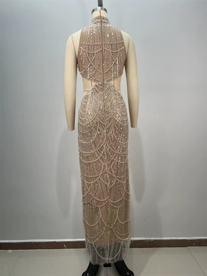 ED2738 Luxury Pearl Chain Water Diamond Long Dress Women's Sexy Mesh Sequin Dress Hollow Sexy Dance Party Dress with Jewels