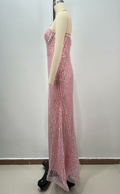 Eco-Friendly Pink Off-Shoulder Bodycon Evening Dress with Luxurious Beaded Details and Environmentally-Friendly Satin Fabric
