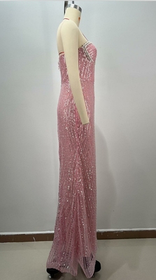 Eco-Friendly Pink Off-Shoulder Bodycon Evening Dress with Luxurious Beaded Details and Environmentally-Friendly Satin Fabric