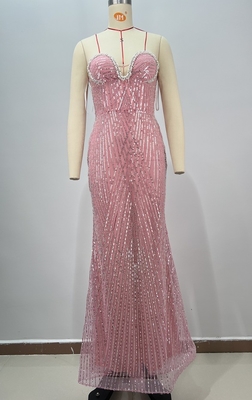 Eco-Friendly Pink Off-Shoulder Bodycon Evening Dress with Luxurious Beaded Details and Environmentally-Friendly Satin Fabric