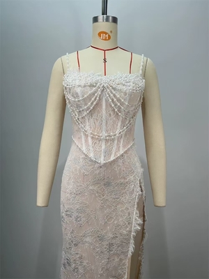 Kimshein ED2737 White Sexy Sleeveless Lace Wedding Dress Elegant Evening Dress with Pearl Chain and High Slit