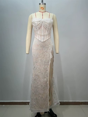 Kimshein ED2737 White Sexy Sleeveless Lace Wedding Dress Elegant Evening Dress with Pearl Chain and High Slit