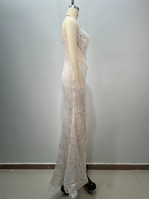 Kimshein ED2737 White Sexy Sleeveless Lace Wedding Dress Elegant Evening Dress with Pearl Chain and High Slit