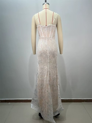 Kimshein ED2737 White Sexy Sleeveless Lace Wedding Dress Elegant Evening Dress with Pearl Chain and High Slit
