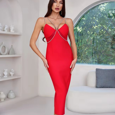 SB3421 Red Crystal Strappy Midi Dress for Women Stretchy Bodycon Club Party Luxury Dress 200 Pieces Versatile and Stylish