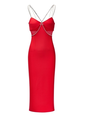 SB3421 Red Crystal Strappy Midi Dress for Women Stretchy Bodycon Club Party Luxury Dress 200 Pieces Versatile and Stylish