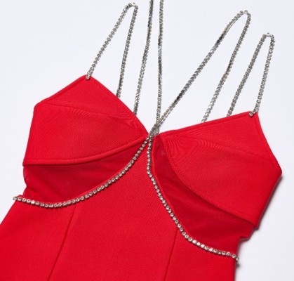 SB3421 Red Crystal Strappy Midi Dress for Women Stretchy Bodycon Club Party Luxury Dress 200 Pieces Versatile and Stylish