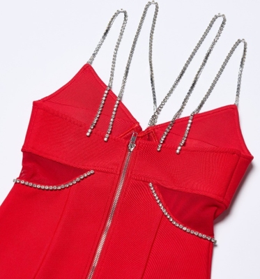 SB3421 Red Crystal Strappy Midi Dress for Women Stretchy Bodycon Club Party Luxury Dress 200 Pieces Versatile and Stylish