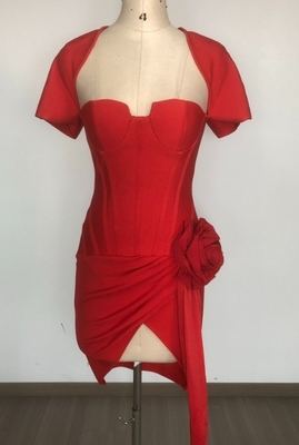 SB3422 Elegant Party Bandage Dress Women's Sexy Red Mini Tight Dress with Short Sleeves and Square Neckline