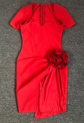 SB3422 Elegant Party Bandage Dress Women's Sexy Red Mini Tight Dress with Short Sleeves and Square Neckline
