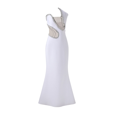 Sleeveless Off-Shoulder Bandage Dress with Sheer Mesh and Crystal Embellishments 200 Ready Pieces Custom Logo Position