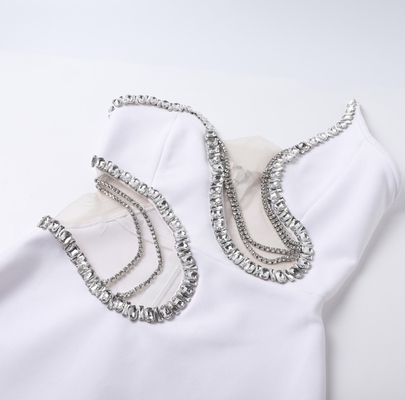 Sleeveless Off-Shoulder Bandage Dress with Sheer Mesh and Crystal Embellishments 200 Ready Pieces Custom Logo Position