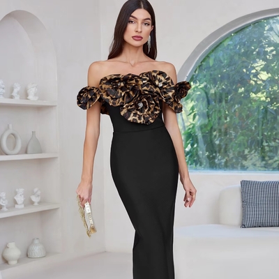 Summer Women's Sexy Maxi Dress Leopard 3D Flower Fashion Evening Dress Bandage Bodycon Dress Tight Dress with Custom Logo
