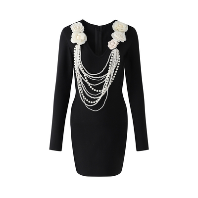 Kimshein LS2642 Bodycon Dress for Women Long Sleeves Floral Design Pearl Accents and Sexy Bandage Dress Club Set Outfit