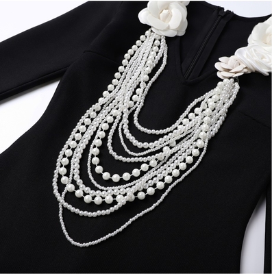Kimshein LS2642 Bodycon Dress for Women Long Sleeves Floral Design Pearl Accents and Sexy Bandage Dress Club Set Outfit