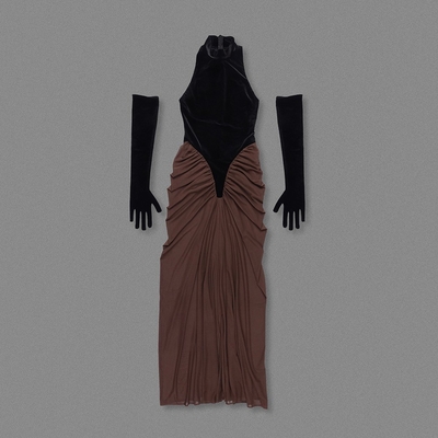 Stylish and Elegant Women's 340g Fabric Weight Velvet Mesh Ruffle Maxi Dress with Polyester Material