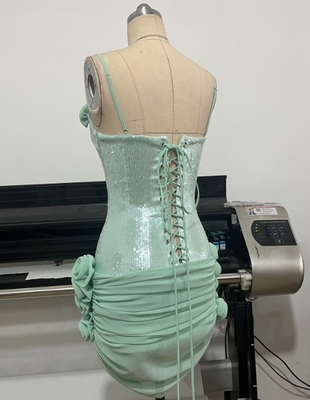 SB3415 Green Sequin Italian Noodle Straps and Floral Netting Mini Dress for Women's Nightclub Clothing 7-Day Fast Sampling