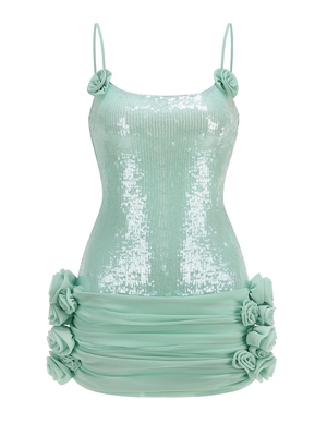 SB3415 Green Sequin Italian Noodle Straps and Floral Netting Mini Dress for Women's Nightclub Clothing 7-Day Fast Sampling