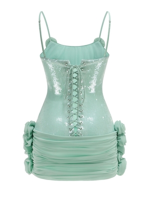 SB3415 Green Sequin Italian Noodle Straps and Floral Netting Mini Dress for Women's Nightclub Clothing 7-Day Fast Sampling