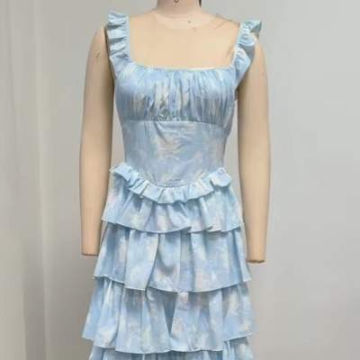 Summer Must-Have SB3417 Women's Blue Maxi Dress with Floral Print and Pleated Hem in Polyester Material