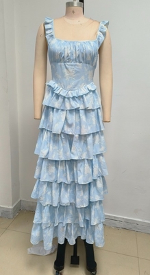 Summer Must-Have SB3417 Women's Blue Maxi Dress with Floral Print and Pleated Hem in Polyester Material