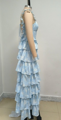 Summer Must-Have SB3417 Women's Blue Maxi Dress with Floral Print and Pleated Hem in Polyester Material