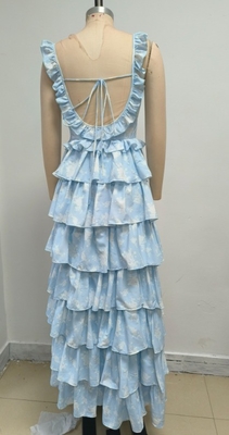 Summer Must-Have SB3417 Women's Blue Maxi Dress with Floral Print and Pleated Hem in Polyester Material
