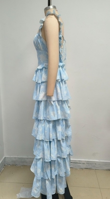 Summer Must-Have SB3417 Women's Blue Maxi Dress with Floral Print and Pleated Hem in Polyester Material