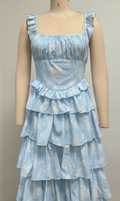 Summer Must-Have SB3417 Women's Blue Maxi Dress with Floral Print and Pleated Hem in Polyester Material
