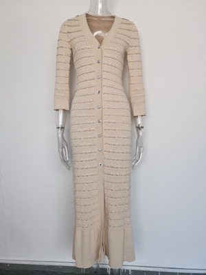 Button-Decorated KD2362 Kimshein Luxury Dress for Women's Party and Fashionable Knitted Straight Cut Dress in Pure Color