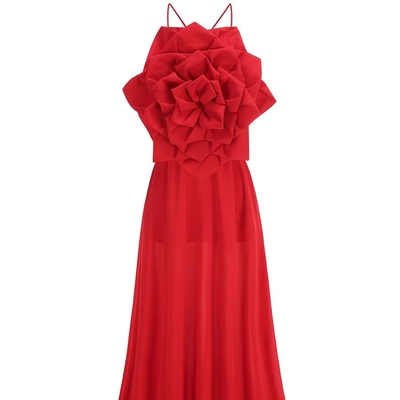 340g Weight Satin Fabric Sexy Red Floor-Length Sleeveless Backless Dress for Sexy and Fashionable Club