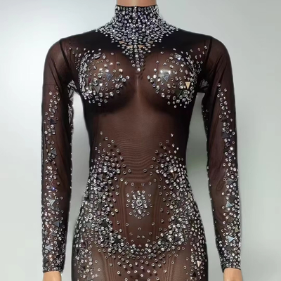 AD2497 Kimshein Mesh Rhinestone Handmade Style Fashion Mini Women's Party Dress Full Sleeves Eco-Friendly Design Hot Item