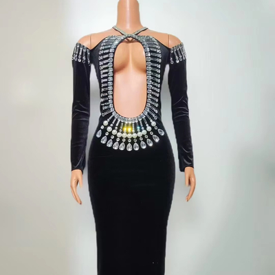 AD2500 Velvet Dress for Women Elegant Crystal Evening Gown 220g Fabric Weight Eco-friendly Floor-Length Customizable Logo
