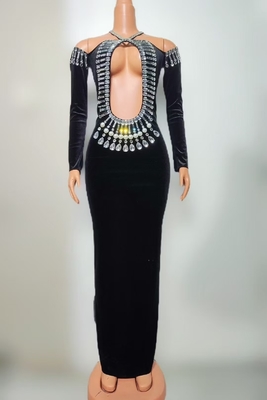 AD2500 Velvet Dress for Women Elegant Crystal Evening Gown 220g Fabric Weight Eco-friendly Floor-Length Customizable Logo