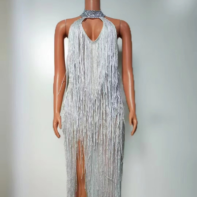 Kimshein Women's Sexy Fringe Maxi Dress for Party Fabric Mesh Sexy Role Play No Print Sleeveless Mid-Length Sexy Design
