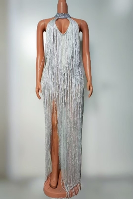 Kimshein Women's Sexy Fringe Maxi Dress for Party Fabric Mesh Sexy Role Play No Print Sleeveless Mid-Length Sexy Design