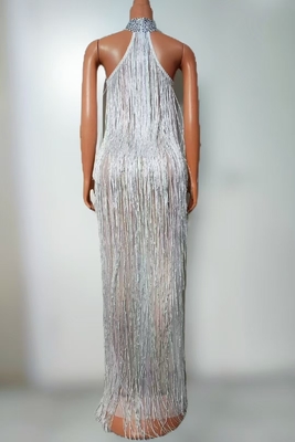 Kimshein Women's Sexy Fringe Maxi Dress for Party Fabric Mesh Sexy Role Play No Print Sleeveless Mid-Length Sexy Design
