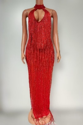 Kimshein Women's Sexy Fringe Maxi Dress for Party Fabric Mesh Sexy Role Play No Print Sleeveless Mid-Length Sexy Design
