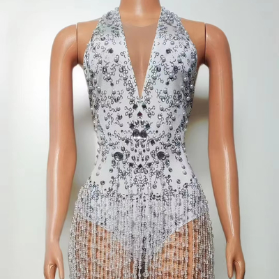 AD2460 Pearl Stage Dance Costume Shiny White Dress with Dazzling Diamonds Fringes and a Form-Fitting Silhouette