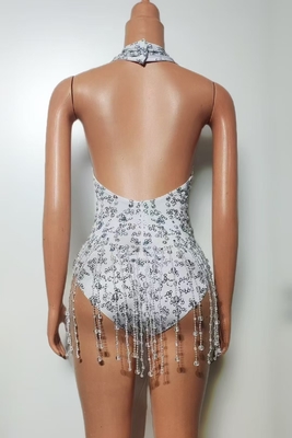 AD2460 Pearl Stage Dance Costume Shiny White Dress with Dazzling Diamonds Fringes and a Form-Fitting Silhouette