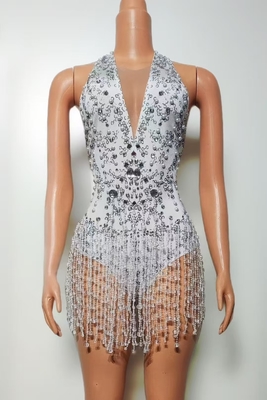 AD2460 Pearl Stage Dance Costume Shiny White Dress with Dazzling Diamonds Fringes and a Form-Fitting Silhouette