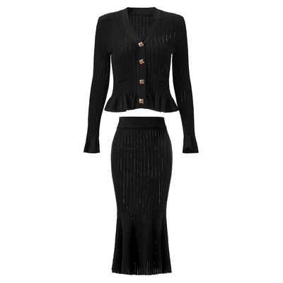 Button Decoration Women's Knit Suit Made in Guangdong KD2319 Elegant Two-Piece Set for Your Requirements