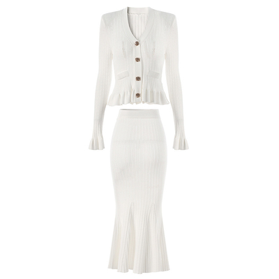 Button Decoration Women's Knit Suit Made in Guangdong KD2319 Elegant Two-Piece Set for Your Requirements