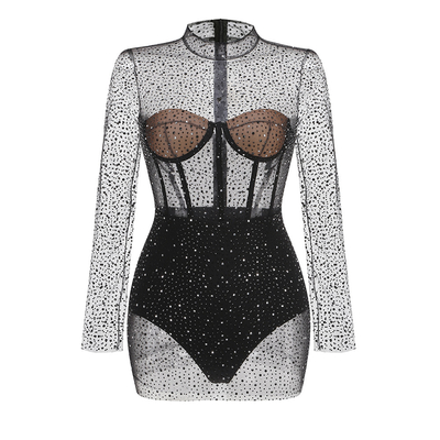 SR2379 Night Sexy Club Set with Perspective Design Round Neck Knee-Length Regular Sleeves and Luxurious Beaded Embellishments