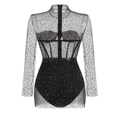 SR2379 Night Sexy Club Set with Perspective Design Round Neck Knee-Length Regular Sleeves and Luxurious Beaded Embellishments