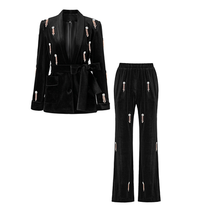Polyester/Synthetic Silk Material SR2373 Velvet Fabric Two-Piece Set with Rhinestone Fringe and Belt Green Set