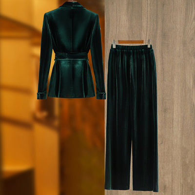 Polyester/Synthetic Silk Material SR2373 Velvet Fabric Two-Piece Set with Rhinestone Fringe and Belt Green Set
