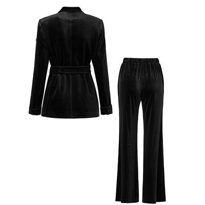 Polyester/Synthetic Silk Material SR2373 Velvet Fabric Two-Piece Set with Rhinestone Fringe and Belt Green Set