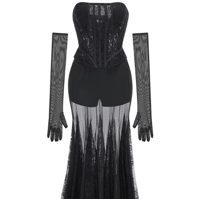 SS2362 High Street Women's Fashion Lace Strapless Long Women's Party Sexy Clubwear Two-Piece Set Versatile and Flattering